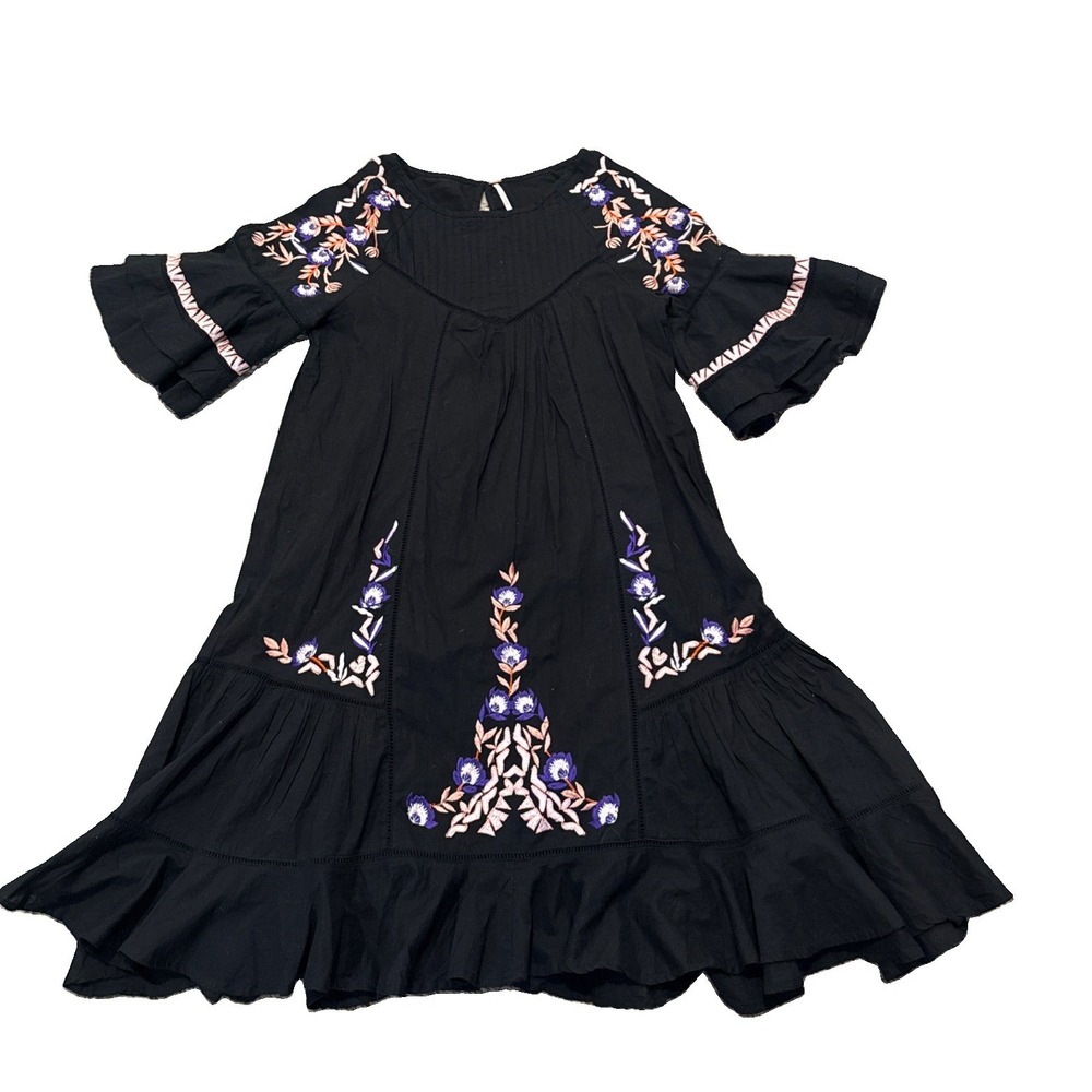 Free People Pavlo Ruffle Mini Dress Black Embroidered XS Southwest Boho Hole